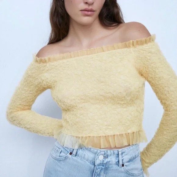 Zara NWT light yellow off shoulder long sleeve textured mesh ruffle trim top - Picture 2 of 10